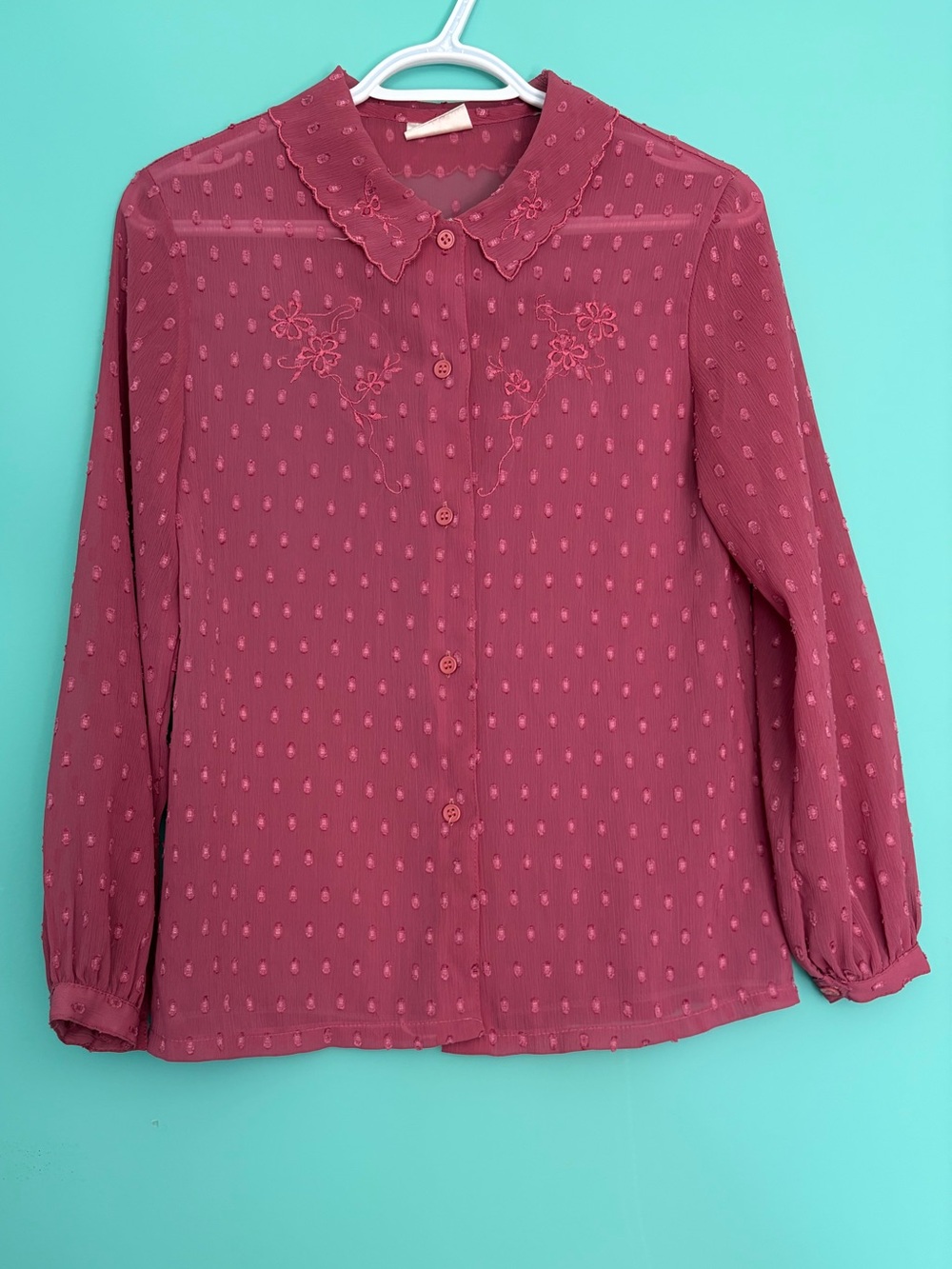 Women’s Japanese Sheer Pink Embroidered Button-Down Blouse Vintage